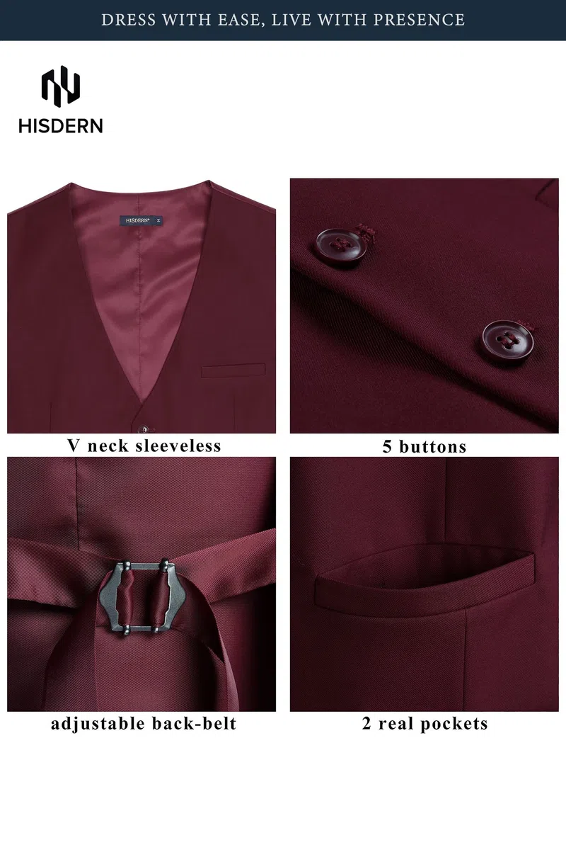 HISDERN Chaleco de Vestir para Hombre Chalecos de Traje Hombres Chaleco de Algodón para Formal Fiesta de Boda Borgoña L