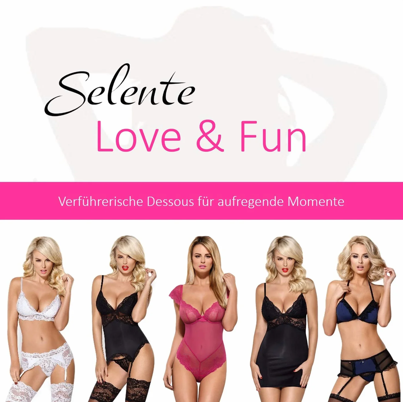 Selente Love & Fun - Conjunto de lencería seductora de varias piezas para mujer con sujetador, en su caso, cinturón, tanga y venda de satén para los ojos