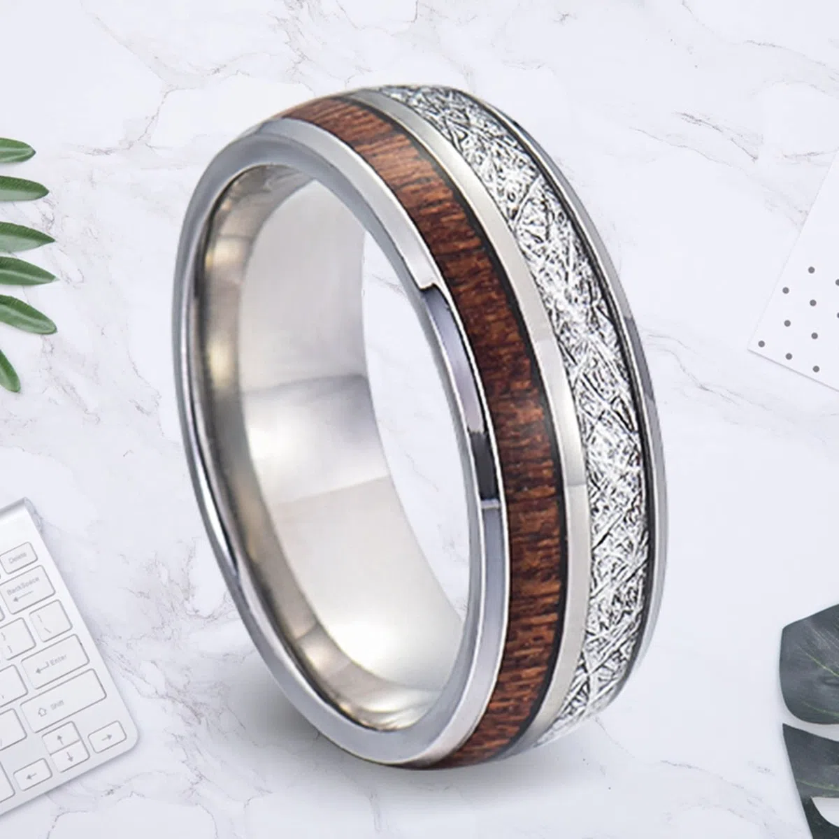Anillo Hombre Carburo de Tungsteno, Alianza Boda Mujer 2 Piezas Anillo de Plata de 8mm con Incrustaciones de Madera y Metal