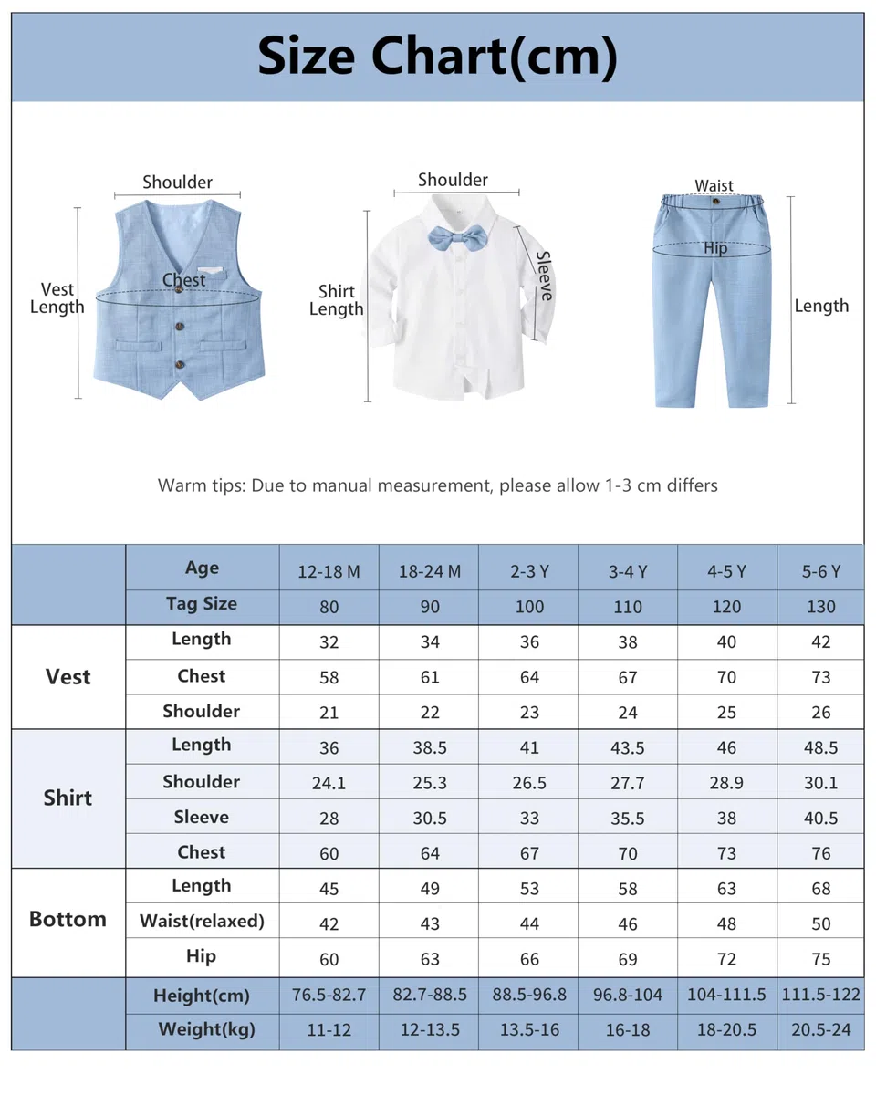 Volunboy Trajes para Bebé Niños de Boda Ceremonia Fiesta, Conjunto de Chaleco, Camisa, Pajarita, Pantalón 4 Piezas