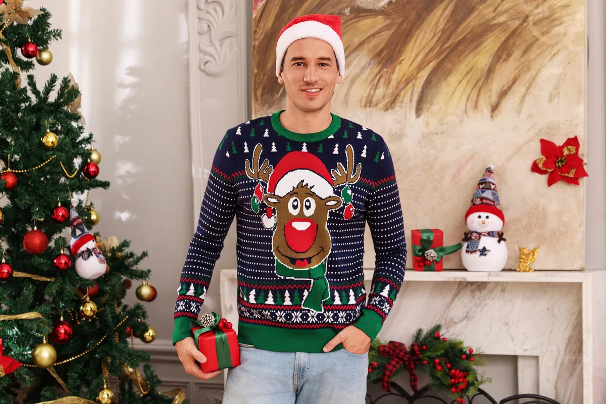 Suéter Navidad Hombre Jerseys de Invierno de Cuello Redondo Suéter de Reno Jerseys Navidad Suave de Manga Larga