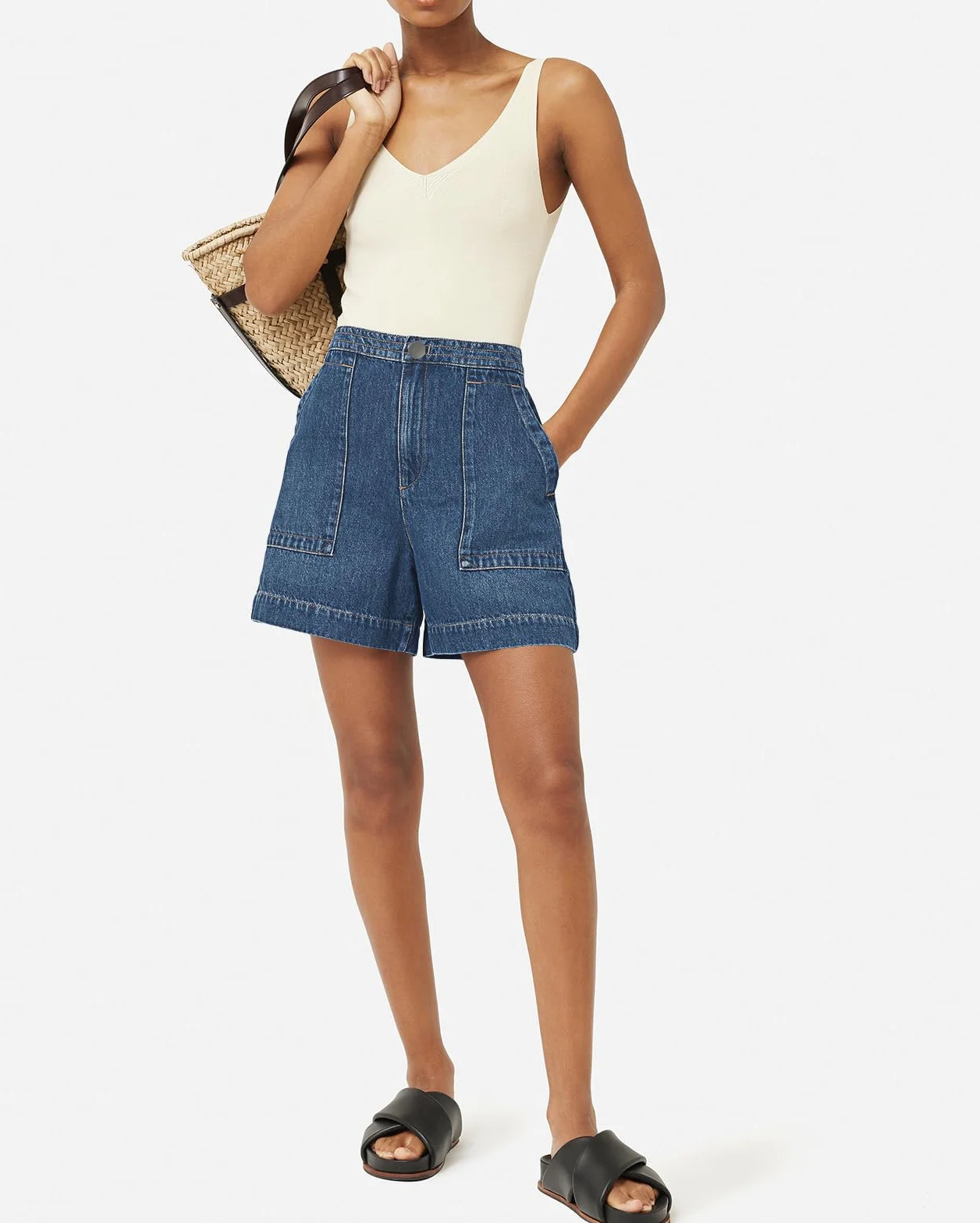 Cicy Bell Pantalones vaqueros cortos de verano para mujer, pantalones vaqueros cortos holgados, cintura alta, pantalones vaqueros anchos básicos con bolsillos