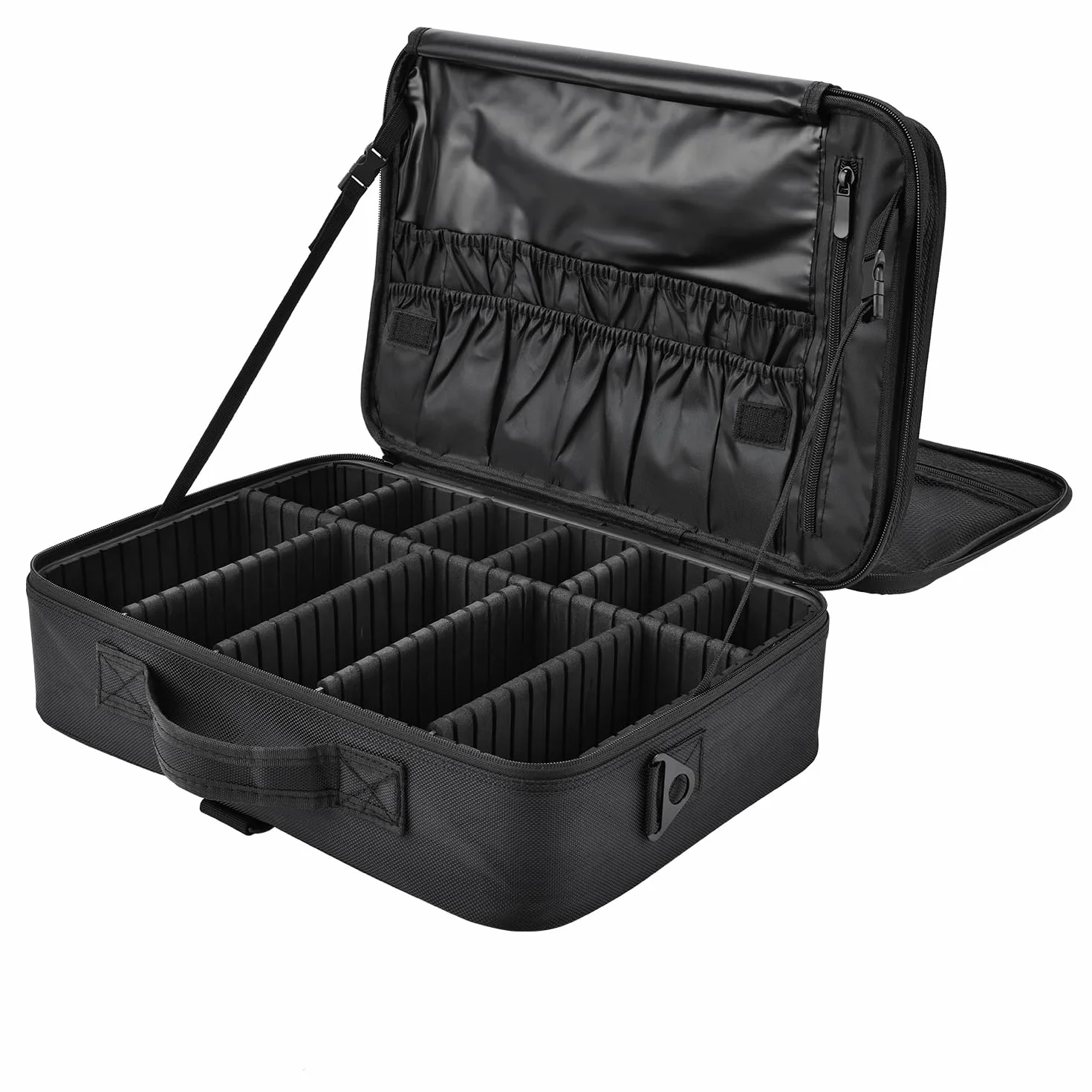 Joligrace Bolsa Maquillaje de Viaje Neceser Maquillaje Tela Oxford Cosméticos Maletín Manicura Joyero y Uñas Organizador Grande Makeup Estuche Maletín Vacio con Bandolera y 2 Capas Profesional, Negro