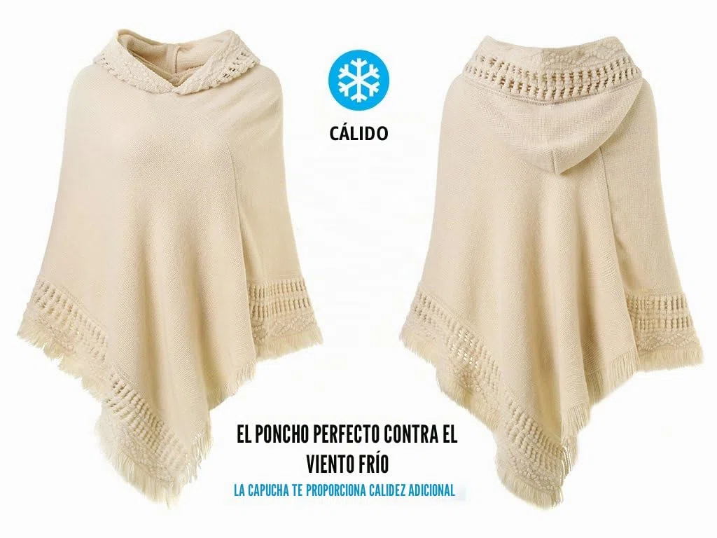 Ferand Poncho con Capucha para Mujer Capa de Crochet con Dobladillo con Flecos para Otoño Invierno