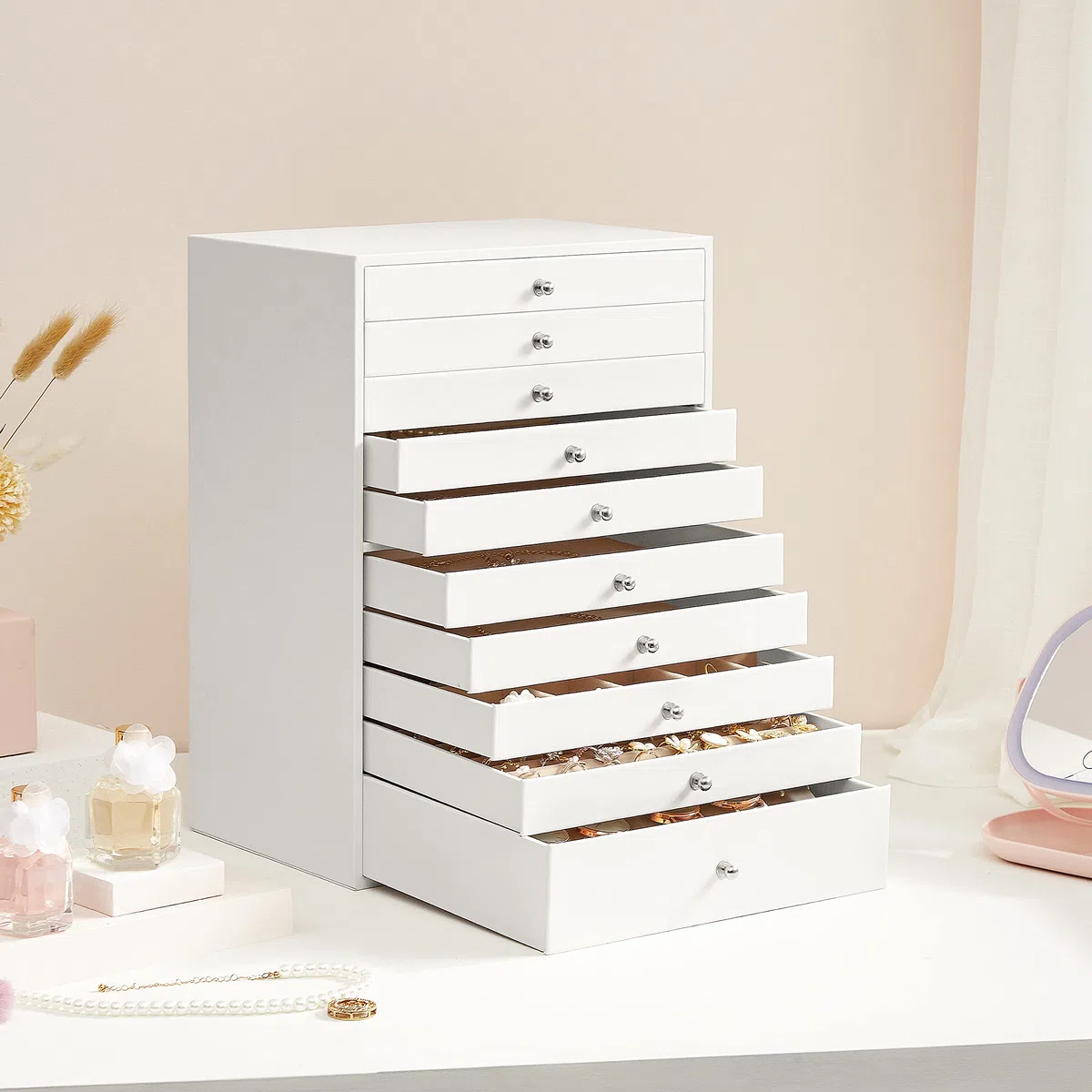 SONGMICS Caja joyero, para joyas XXL, Almacenamiento de belleza 10 cajones, Organizador con bandejas, forro de terciopelo, estilo nórdico escandinavo, Blanco JBC10W, 40x39x20.5cm