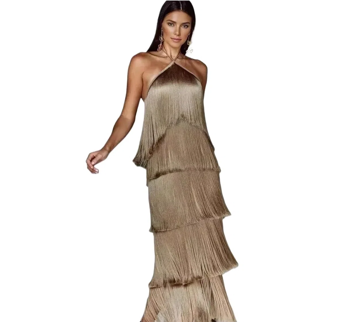 Vestido Flecos Vestido con Flecos en el Cuello y Espalda Descubierta for Mujer