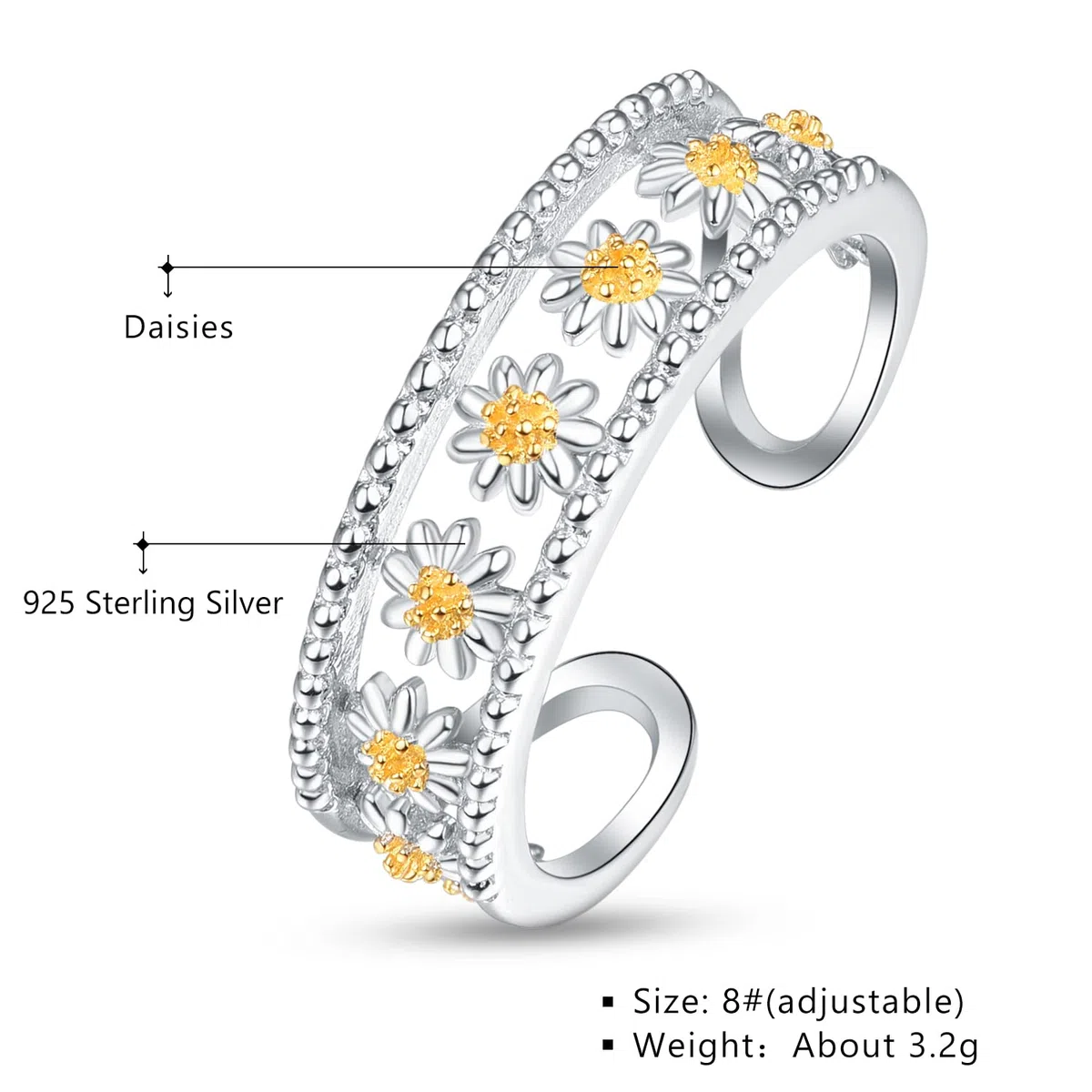KINGWHYTE Daisy Rings for Women 925 Sterling Silver Adjustable Flower Open Ring Birthday Christmas Jewellery Gifts for Girls