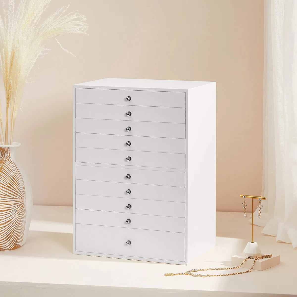 SONGMICS Caja joyero, para joyas XXL, Almacenamiento de belleza 10 cajones, Organizador con bandejas, forro de terciopelo, estilo nórdico escandinavo, Blanco JBC10W, 40x39x20.5cm