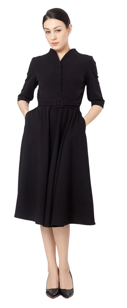 Vestido Midi Fit & Flare Tea con Botones Frontales para Mujer, Ideal para Oficina y Trabajo