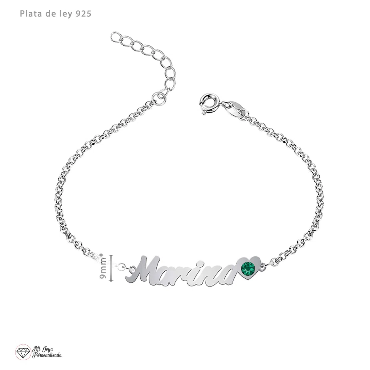 Tobillera PLATA DE LEY personalizada con nombre corazón y piedra de nacimiento