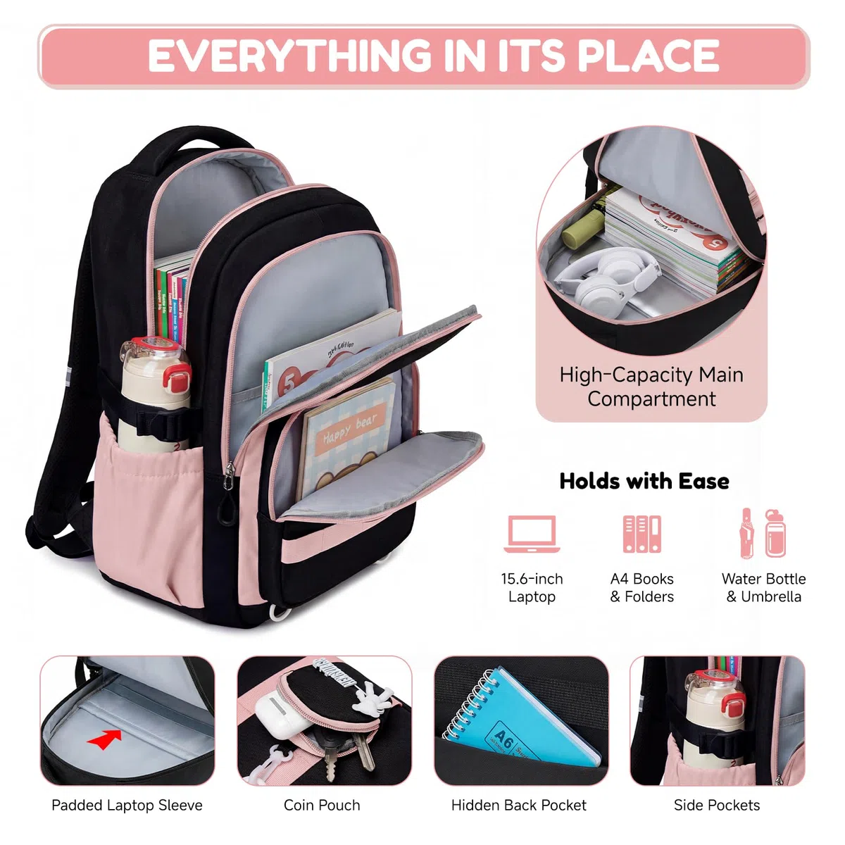 Amythe Mochila Escolar para Niñas Adolescentes 3 Piezas - Set Colegio Secundaria (Mochila Grande Chicas+Bandolera+Estuche) - Impermeable Ligera - Edad 11-18 Años -Rosa