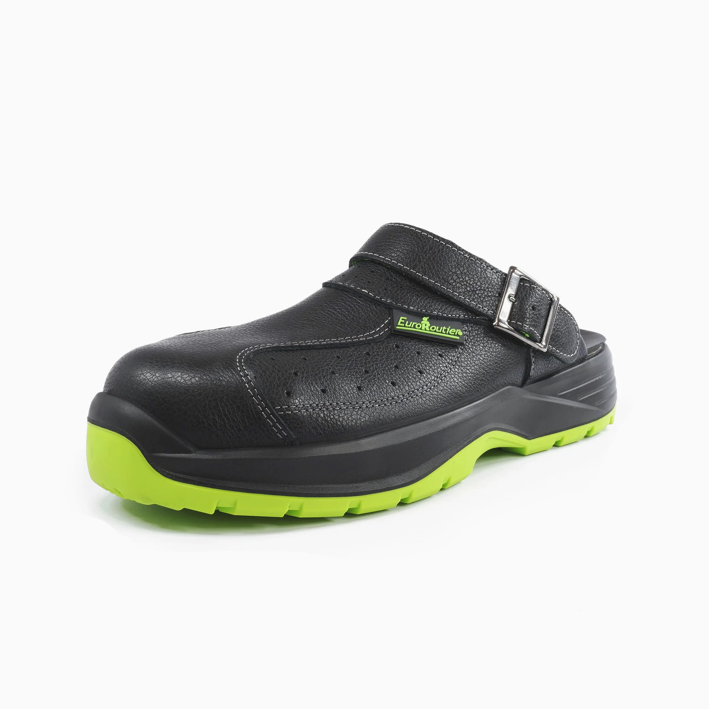 EUROROUTIER Premium Fenix Negro Cuero Genuino, Zuecos, Zapatillas, Chanclas de Seguridad Certificado SB+A+E+FO+SRC, Color Negro