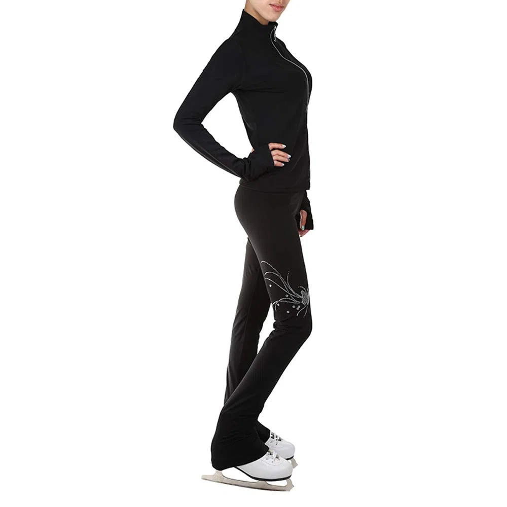 LIUHUO Patinaje artístico estampado floral chaqueta pantalones de forro polar para niñas pantalones negros para mujeres trajes