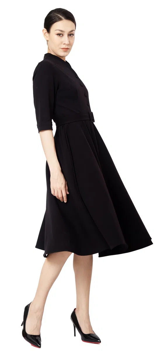 Vestido Midi Fit & Flare Tea con Botones Frontales para Mujer, Ideal para Oficina y Trabajo