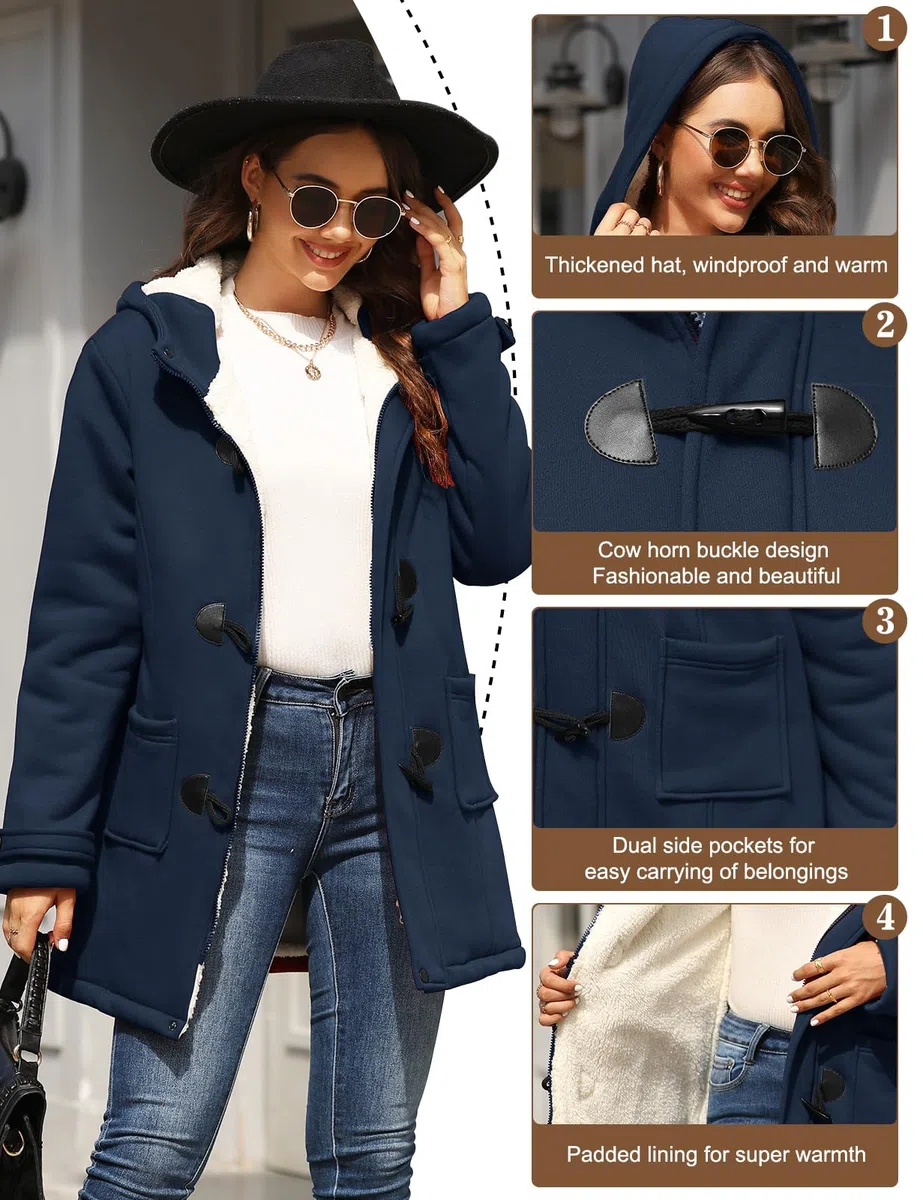 Yuson Girl Abrigos Mujer Invierno Chaqueta con Horn Botones Espesar Hoodie Abrigo Elegantes Sudaderas Mujer con Capucha Casual Jacket Cardigans Tops Cremallera Outwear con Bolsillos