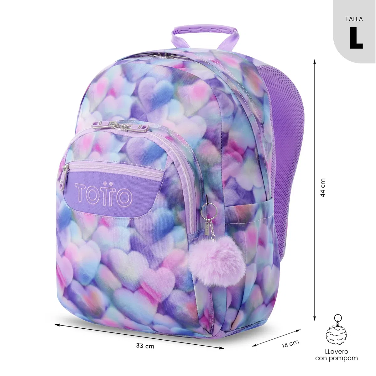 TOTTO - Mochila Escolar Adaptable a Carro, Modelo Acuareles Glitter, Capacidad 20L, Bolsillo para Pc 14", 2 Bolsillo Botella, Espaldar Ergonómico con Flujo de Aire, Correas en S, Estampado Kory Morado