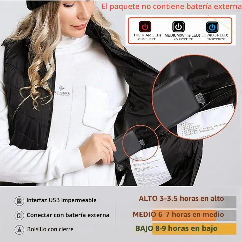 Monave Chaleco calefactable Mujer,Chaqueta Calefactable con 9 Elementos de Calefacción de Fibra de Carbono 3 Niveles de Temperatura Control de Doble Botón Negro