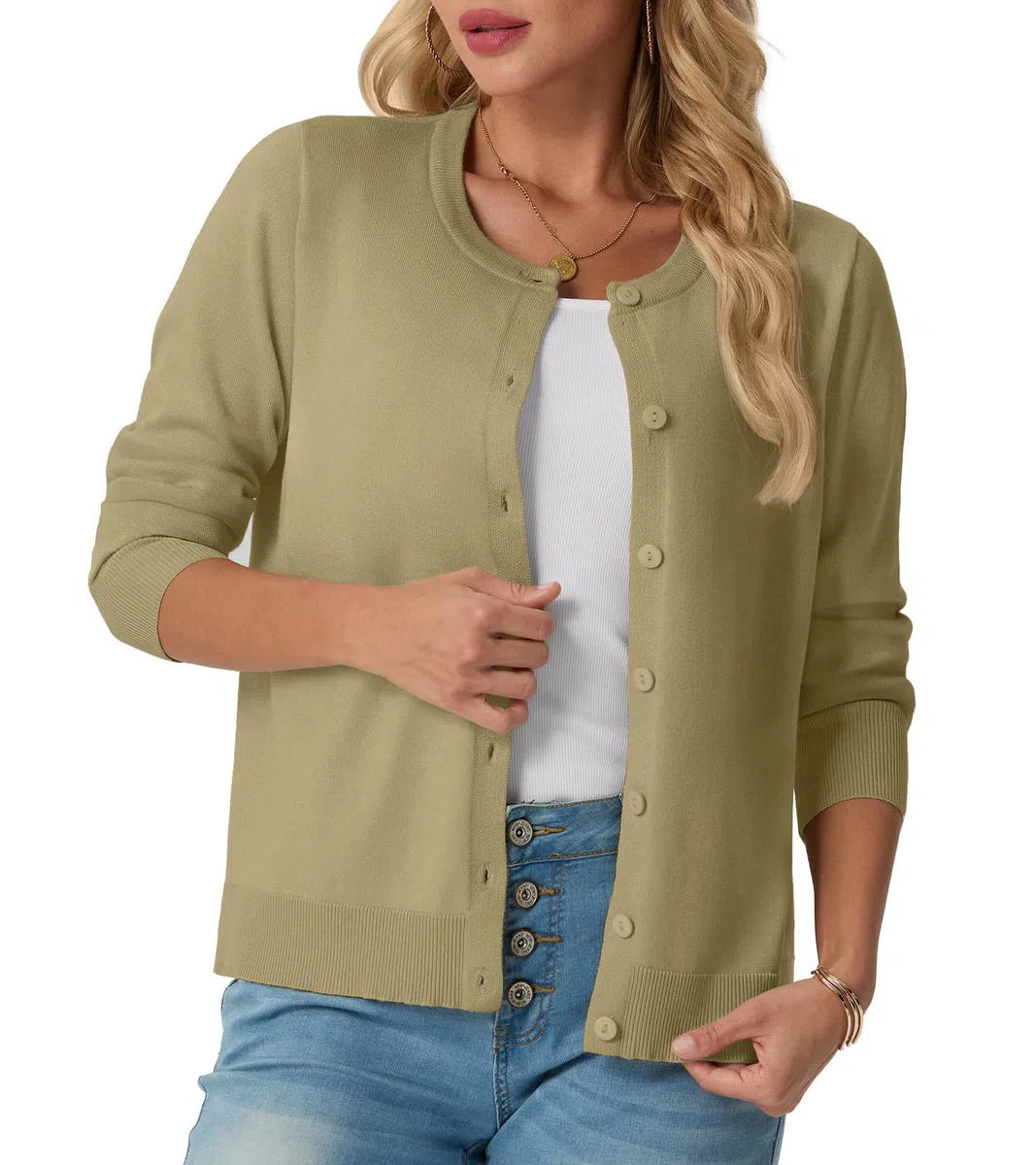 GRECERELLE Cárdigan suave de verano para mujer, bonito y ligero, cuello redondo, manga larga, suéter de punto sólido, suéteres casuales con botones para mujer, noches de verano y citas