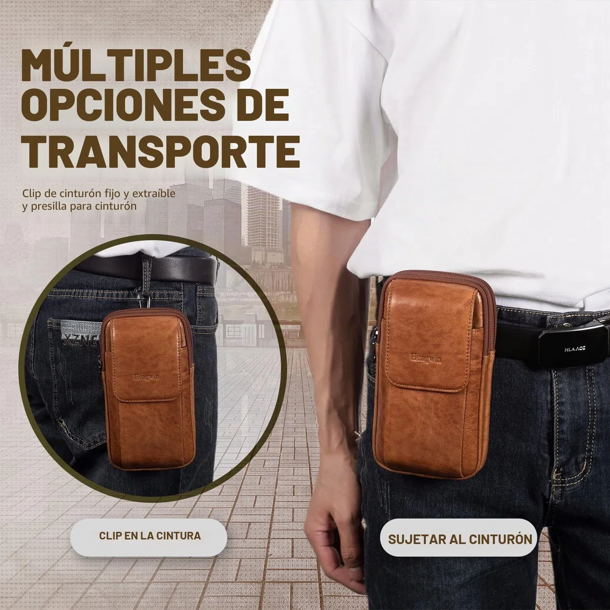 Multifuncional Cuero Genuino Doble Cremallera Bolsillos Hombres Vintage Look Bolso Bolso de Hombro teléfono cinturón Bolsa teléfono Funda para Viajes Actividades al Aire Libre
