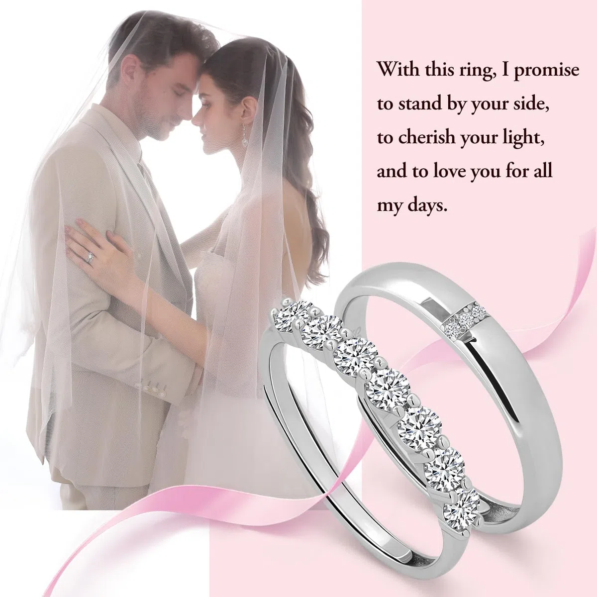 Meissa Anillos de Pareja en Plata Esterlina Anillos de Boda Elegantes Anillo de Promesa para Hombre y Mujer Zirconia Cúbica Tamaño Ajustable