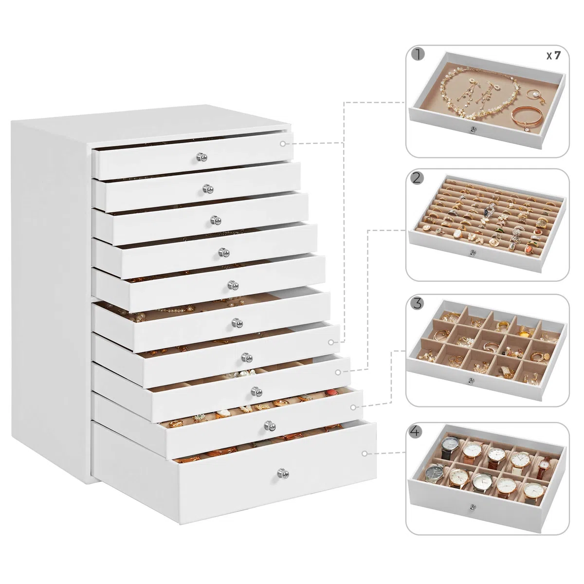SONGMICS Caja joyero, para joyas XXL, Almacenamiento de belleza 10 cajones, Organizador con bandejas, forro de terciopelo, estilo nórdico escandinavo, Blanco JBC10W, 40x39x20.5cm