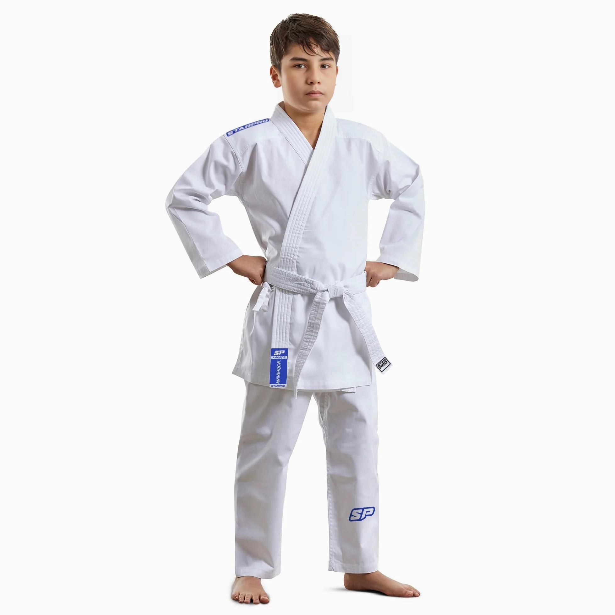 Starpro Karate Gi - Uniforme Profesional para Entrenamiento y competición - Kimono Karate de algodón Ligero Blanco con cinturón - Hombres Mujeres y Niños - 110-190 cm - Brillante Blanco