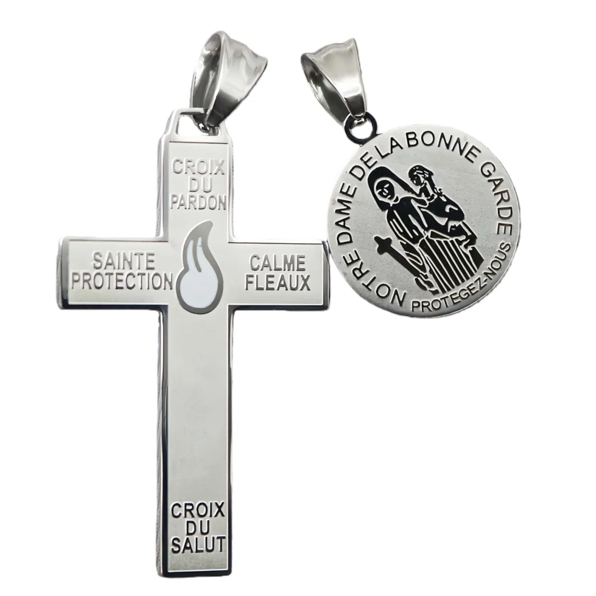 1 par católica Marie Julie Jahenny de Benedicción con cruz de perdón de protección con llama esmaltada blanca y medalla de Nuestra Señora de la Buena Guardia, cruz del perdón