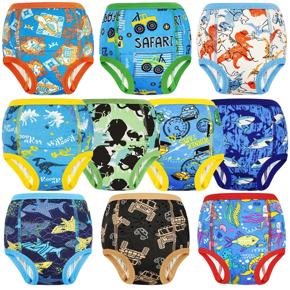 FLYISH DIRECT Calzones de Entrenamiento para niño, Ropa Interior de Entrenamiento para niños y niñas de 100% algodón, Calzoncillos de Aprendizaje Reutilizables, 10 Paquetes, 8 años