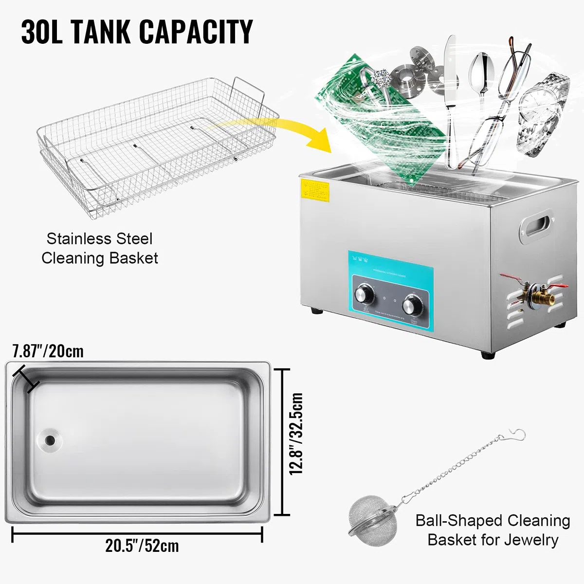 GloWiss Limpiador Ultrasónico 30 L 600 W Limpiador Ultrasónico Profesional con Calentador Ajustable Máquina de Limpieza Ultrasónica con 2 Perillas Potente Frecuencia de 40 kHz para Joyas Reloj y Gafas