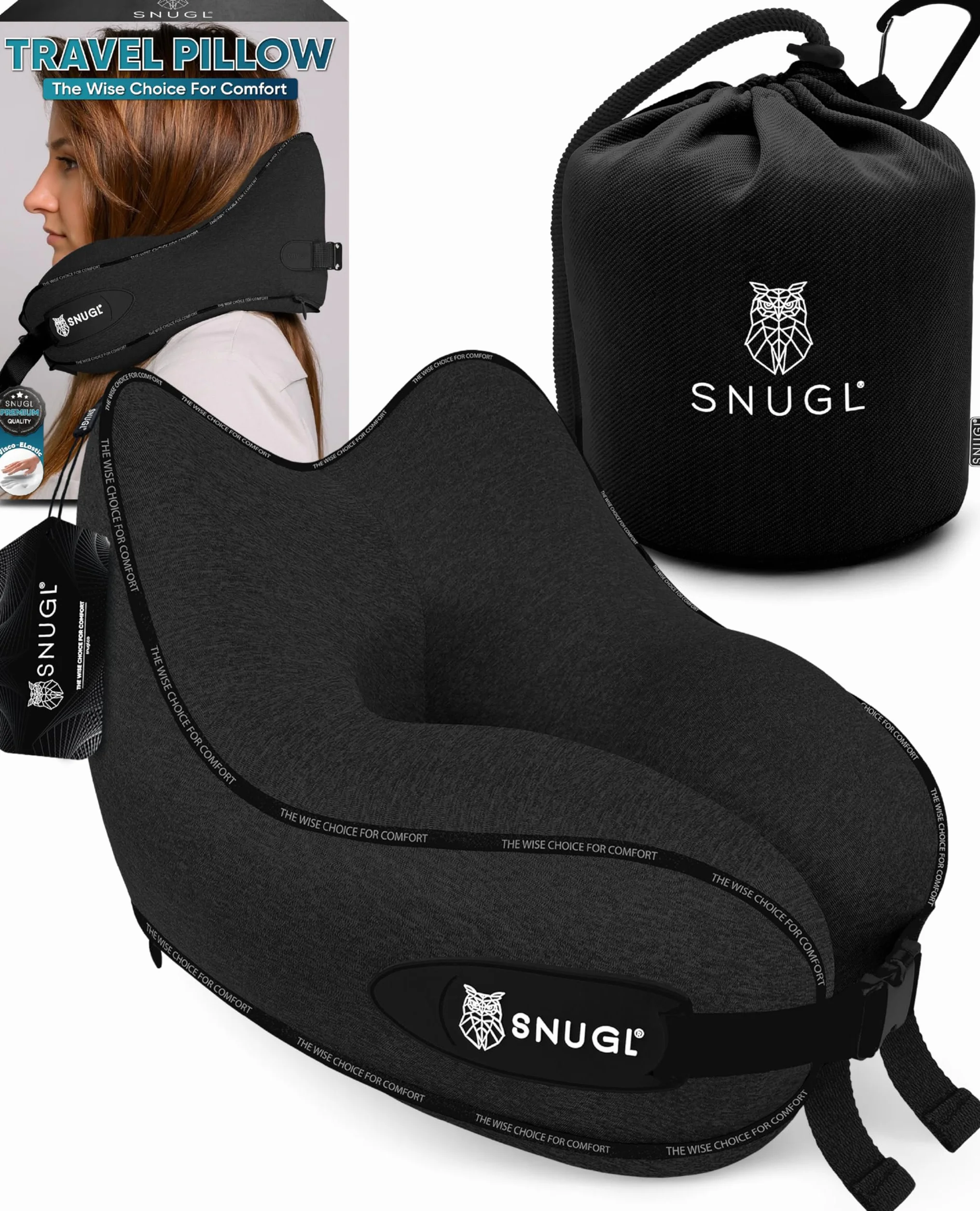SNUGL Almohada de Viaje Ergonómica – Cojín Cuello Viaje de Espuma Viscoelástica | Almohada Cervical con Bolsa de Transporte para Coche y Avión | (Negro - Adulto Pequeño)