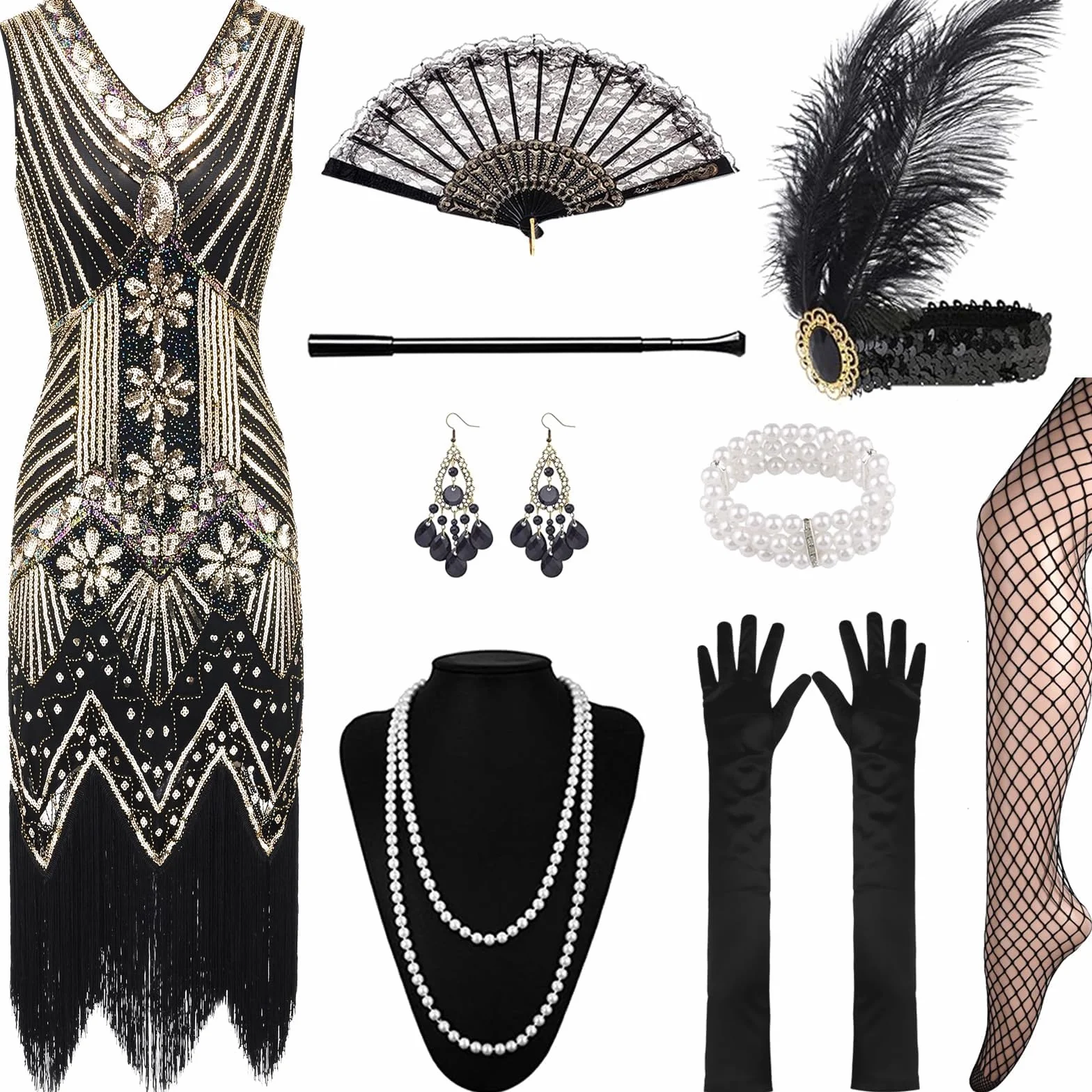 12 Piezas Vestido Años 20 Charleston V - Neck Lentejuelas con Borlas de Perlas Vestido, Charleston Dress Year con Accesorios de Ropa de Carnaval de Los Años 20 (Negro + Oro)