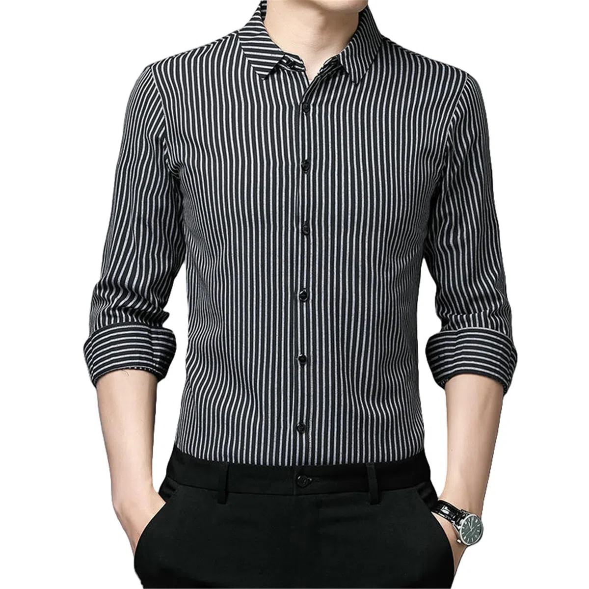 Camisa de manga larga para hombre, diseño de rayas, con solapa, adelgazante, informal, de negocios, para otoño