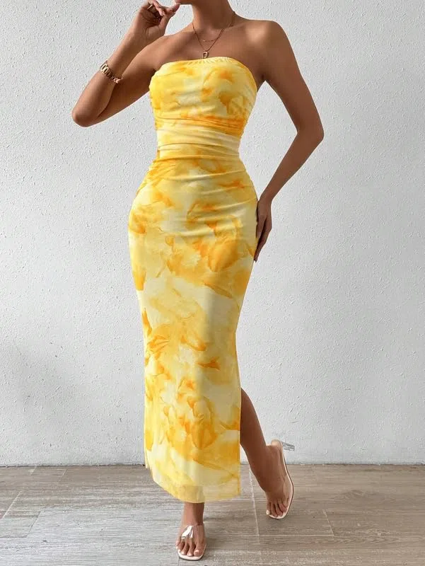 Mujer Vestido Largo Ajustado Sexy Tie Dye Vestidos de Tubo Elegante sin Mangas Maxi Vestido sin Tirantes de Fiesta Verano Fruncido Vestidos con Abertura para Cóctel Boda Invitada Noche Club