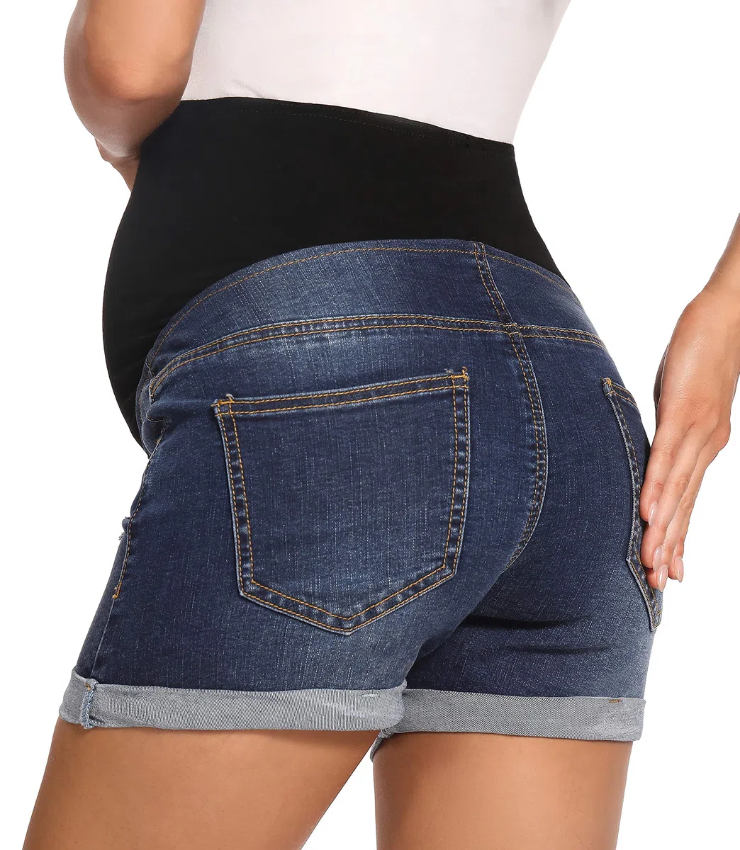 Foucome Pantalones cortos de mezclilla de maternidad sobre el vientre, pantalones cortos de mezclilla para embarazo, cintura alta, dobladillo con puños