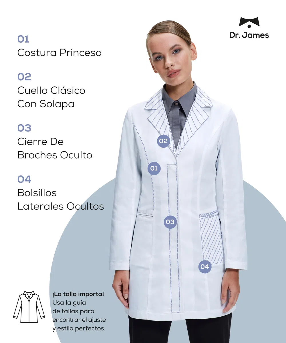 Dr. James Bata de laboratorio Premium mujeres, con bolsillos laterales, ajuste entallado, cierre a presión oculto