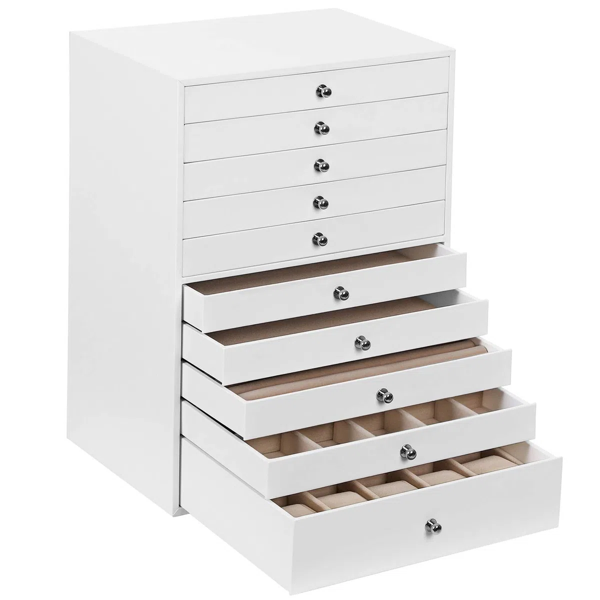 SONGMICS Caja joyero, para joyas XXL, Almacenamiento de belleza 10 cajones, Organizador con bandejas, forro de terciopelo, estilo nórdico escandinavo, Blanco JBC10W, 40x39x20.5cm