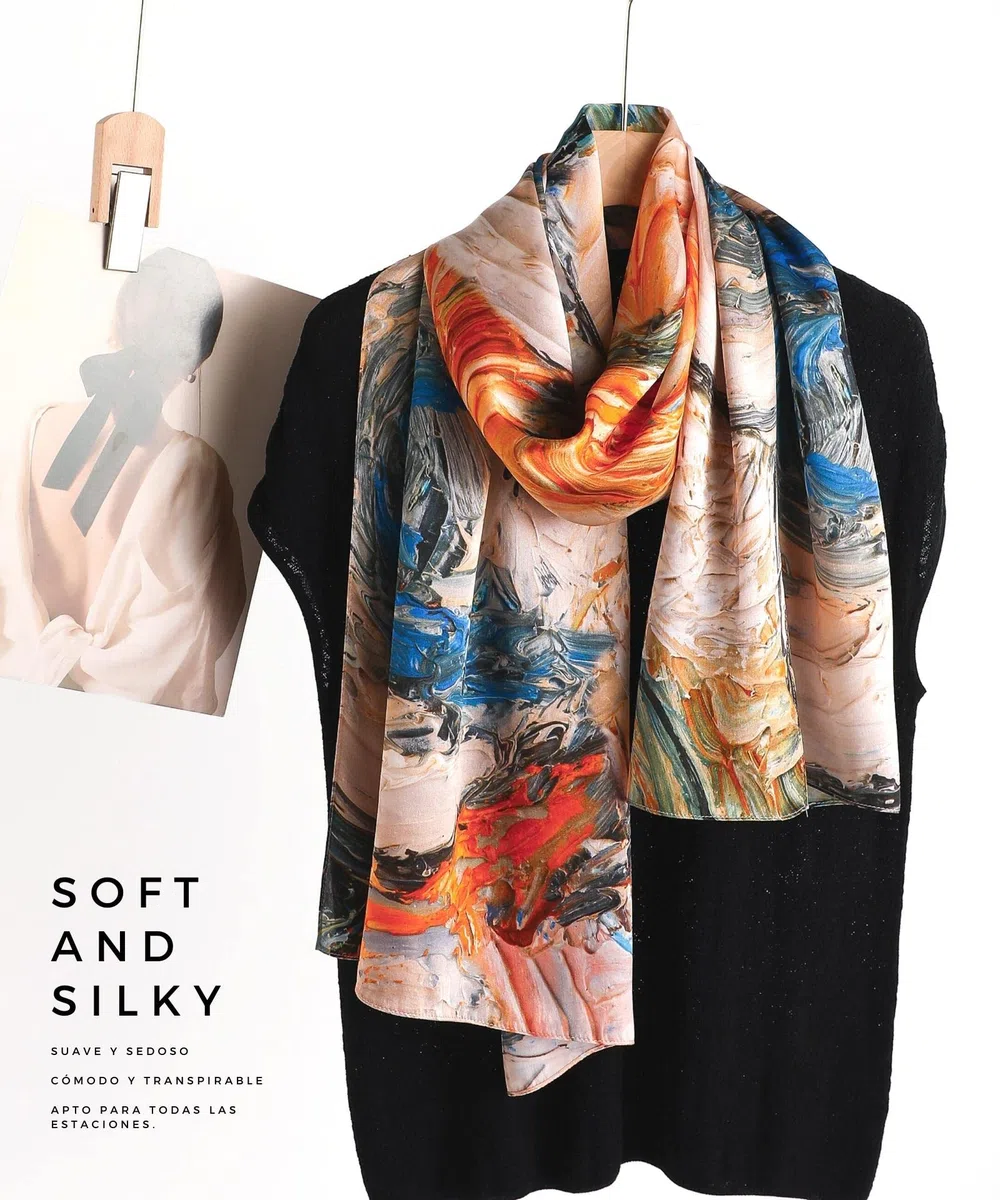 PoeticEHome Pañuelo Largo de Seda 100% Mulberry 170x53cm - Chal Suave y Ligero para Mujer, Ideal para Cuello, Cabello y Cabeza - Caja de Regalo