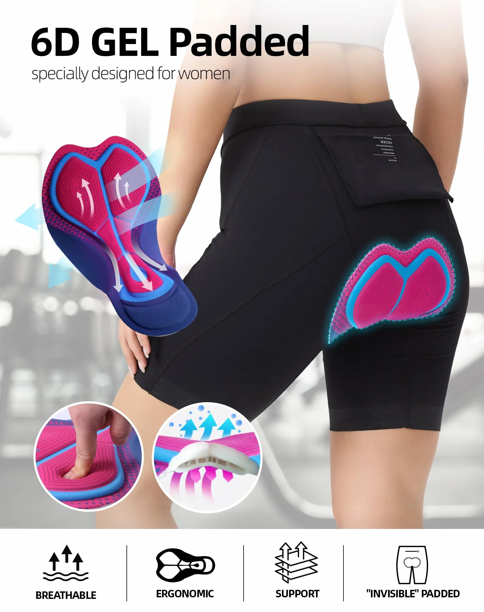 Pantalones de ciclismo para mujer, acolchados 6D con bolsillo, de secado rápido, pantalones de ciclismo para mujer, elásticos, transpirables, con acolchado ancho y denso, sin dolor