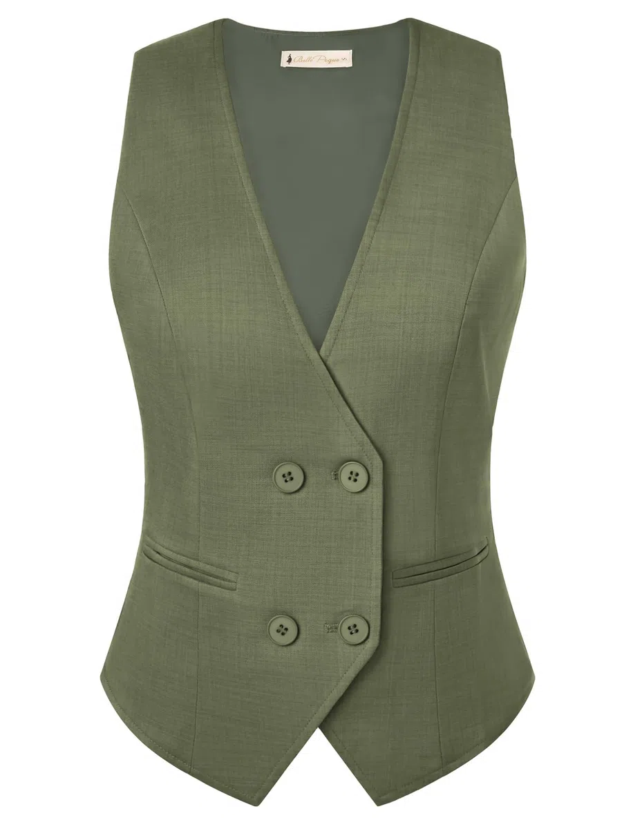 Belle Poque Chalecos vintage con cuello en V botón inferior traje sin mangas chaleco con bolsillos