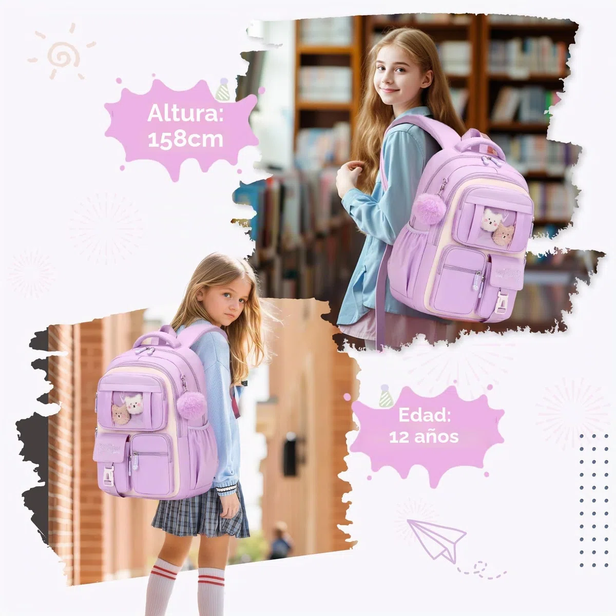 Amythe Mochila Escolar Niña, Mochilas Primaria Escolares Transpirable para Infantil Niñas de 8 10 12 Años, Kawaii Mochila Chicas Colegio con Colgante, Morado