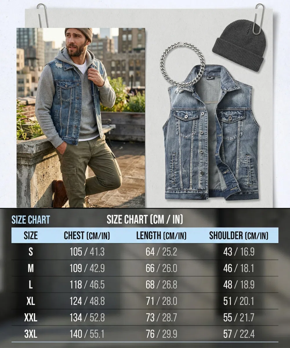 Chaleco de Denim para Hombre Clásico Rasgado de Algodón Chaleco Sin Manga Vintage Jeans Chaqueta con Botones Moto Multibolsillos