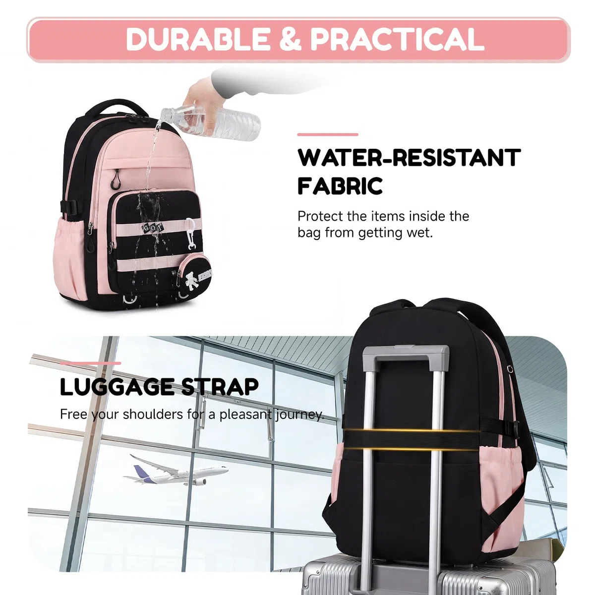 Amythe Mochila Escolar para Niñas Adolescentes 3 Piezas - Set Colegio Secundaria (Mochila Grande Chicas+Bandolera+Estuche) - Impermeable Ligera - Edad 11-18 Años -Rosa
