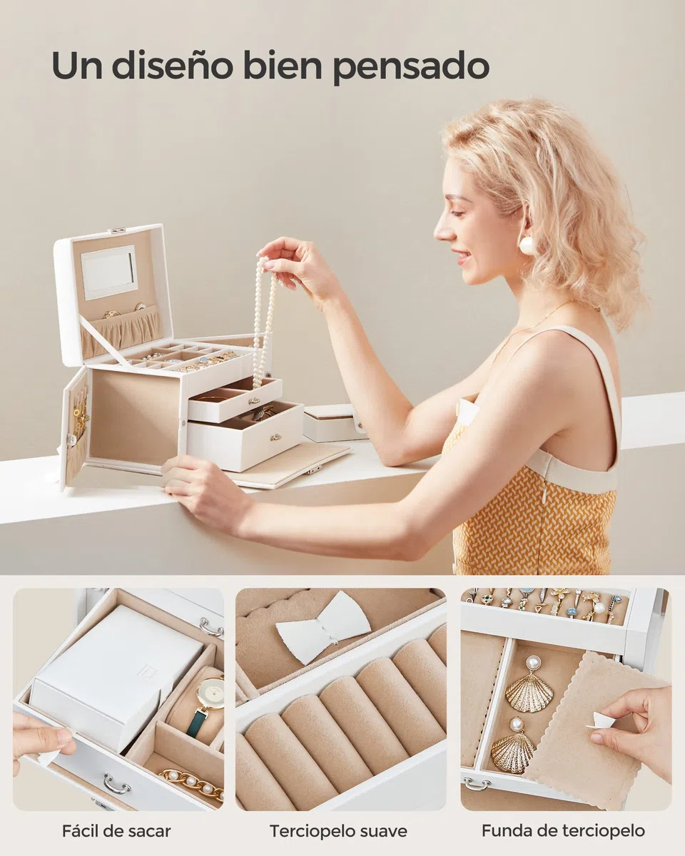 SONGMICS Caja Joyero de 3 Niveles, Caja para Joyas con 2 Cajones, con Mini Caja Portátil para Viajar, con Asa, Cerradura, para Joyas, Idea de Regalo, PU Blanco Nube, Forro Beige Arena JBC121W