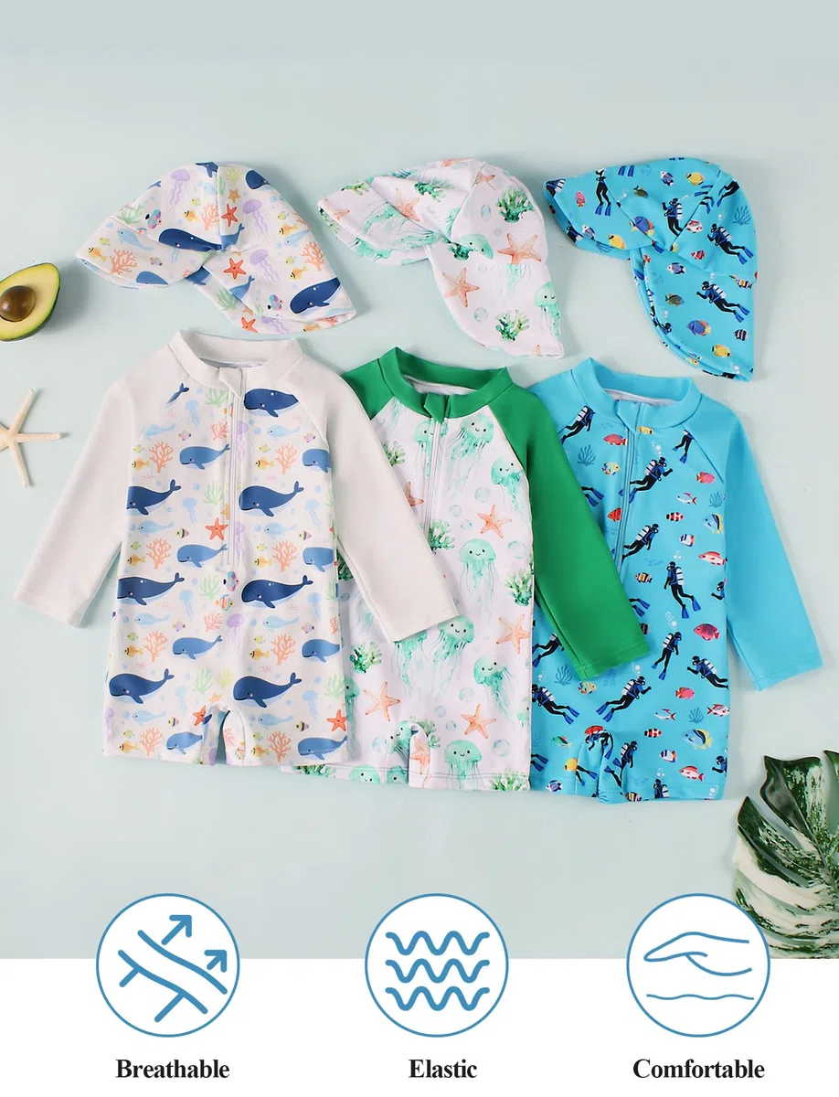 Happy Cherry Trajes de baño de una pieza para niños pequeños una pieza Rash Guard traje de baño de manga corta cremallera bebé verano playa trajes de baño 0-3 años