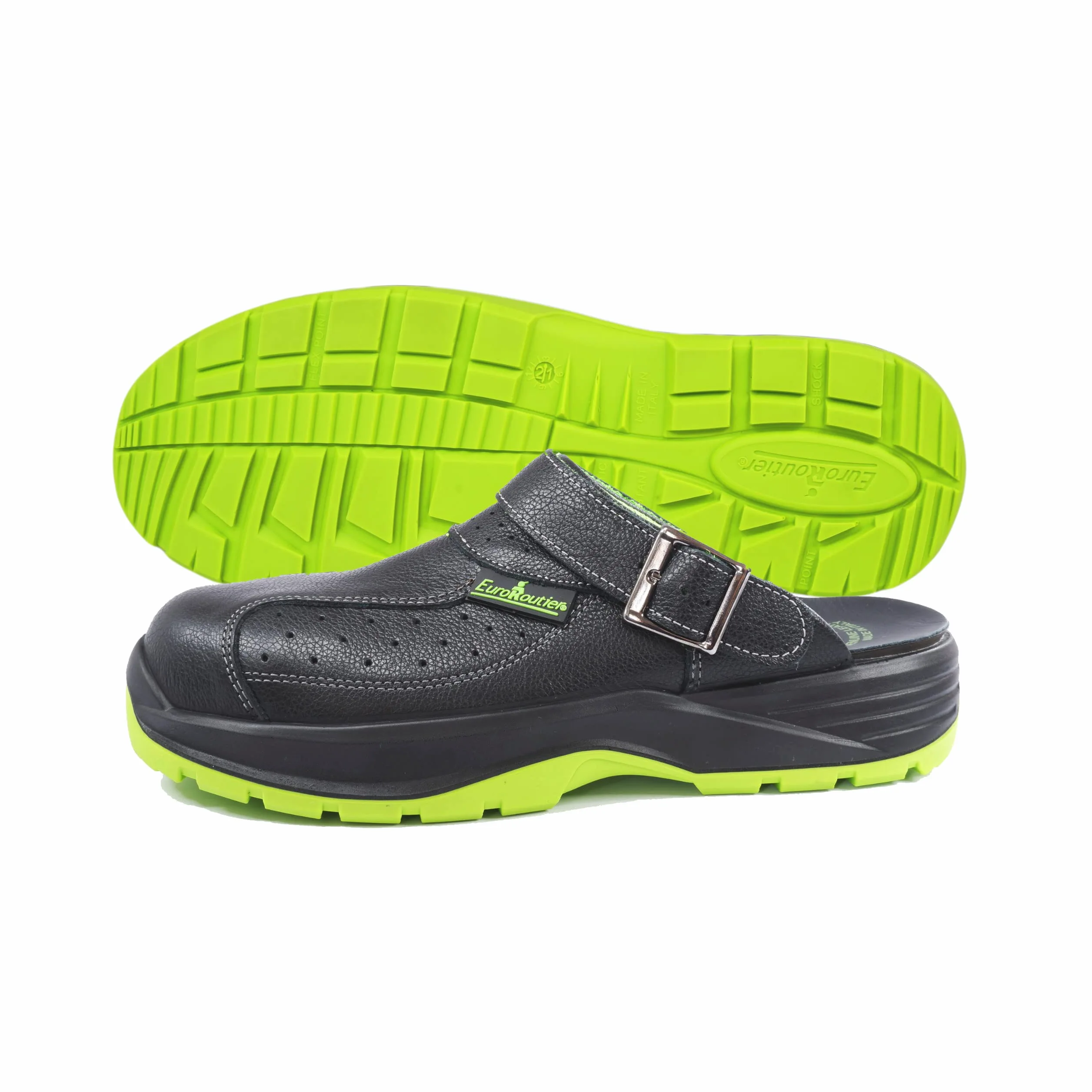 EUROROUTIER Premium Fenix Negro Cuero Genuino, Zuecos, Zapatillas, Chanclas de Seguridad Certificado SB+A+E+FO+SRC, Color Negro