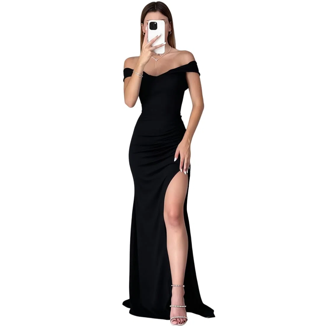 Vestido de Noche para Mujer Sexy Maxi Vestido con Hombros Descubiertos Elegante Vestidos Largo con Abertura Vestidos de Fiesta Ajustado Bodycon para Cóctel Club Invitada Boda Ceremonia