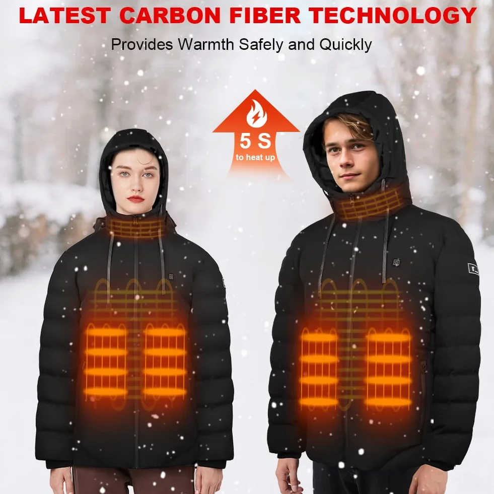 Chaqueta Calefactable con Batería 10000mAh y Capucha para Hombre Mujer, Chaqueta Calefactable de 3 Niveles de Calefacción, Chaqueta Termica para Al aire libre Esquí Trabajo