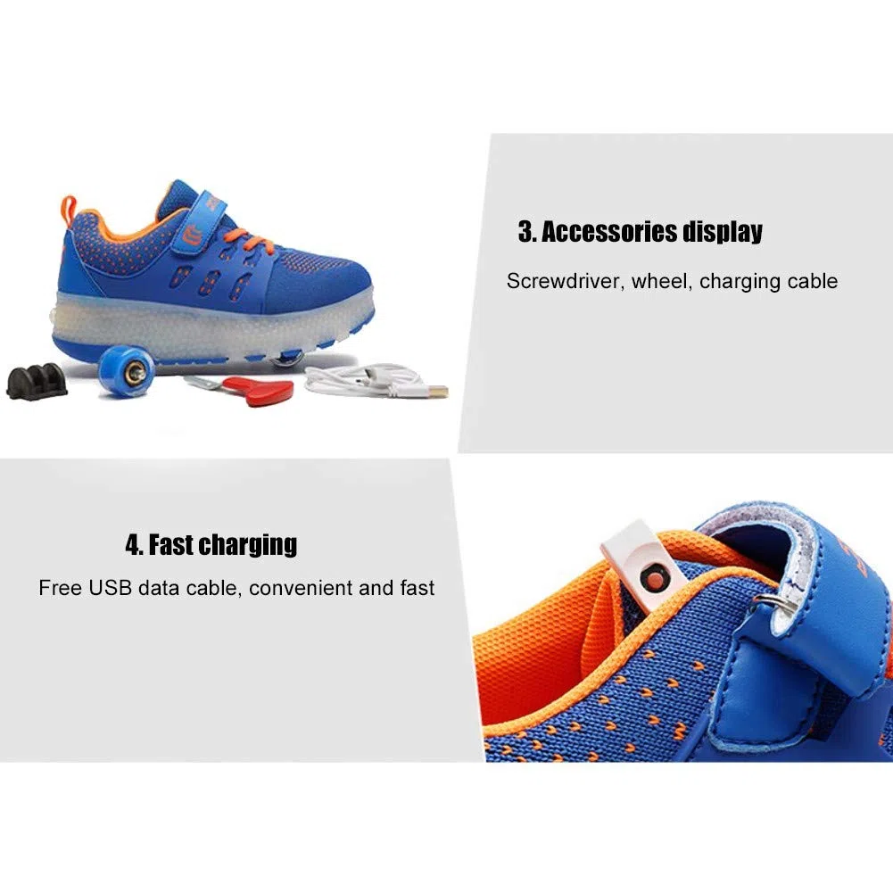 Zapatillas luminosas LED para niños con ruedas con botón de presión ajustable, patines en línea, para deportes al aire libre, fitness, gimnasia, zapatillas de correr, Double Wheel Light Blue,