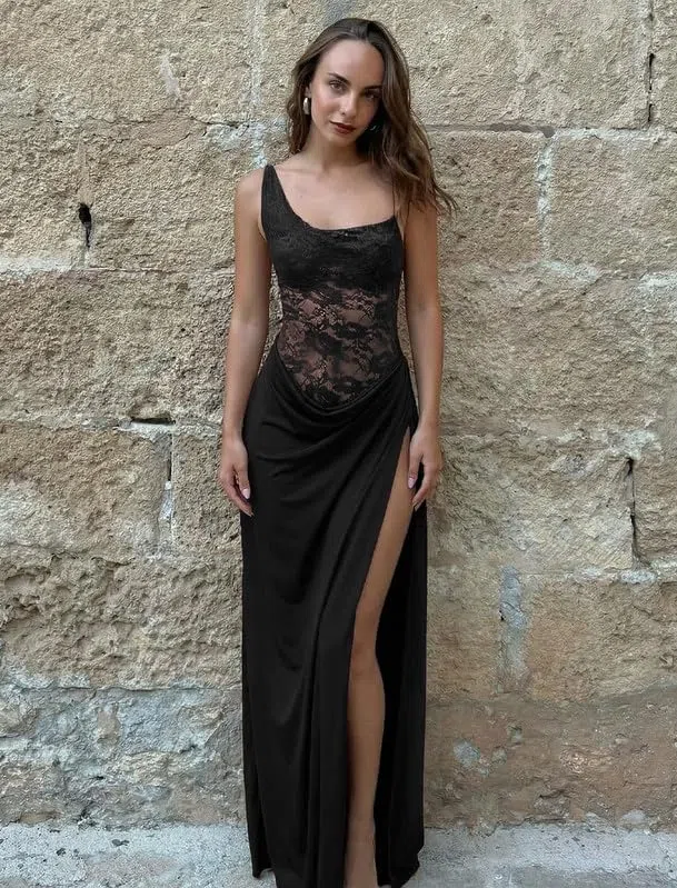 Vestido Mujer de Un Hombro con Encaje Transparente Elegante Maxi Vestidos de Fiesta Sexy Vestido Largo sin Mangas con Tirantes Finos y Abertura Alta Ajustado Vestidos para Bodas Cóctel Club