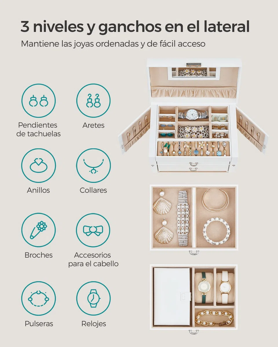 SONGMICS Caja Joyero de 3 Niveles, Caja para Joyas con 2 Cajones, con Mini Caja Portátil para Viajar, con Asa, Cerradura, para Joyas, Idea de Regalo, PU Blanco Nube, Forro Beige Arena JBC121W